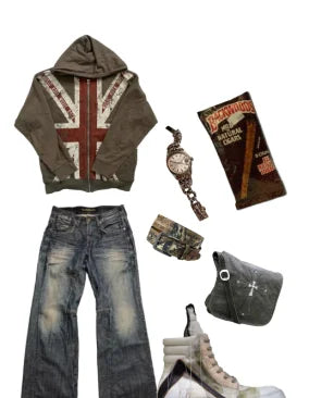 Hip-hop retro street American Y2k zipper hoodie national flag print splicing classic fashion loose sports cardigan men's style