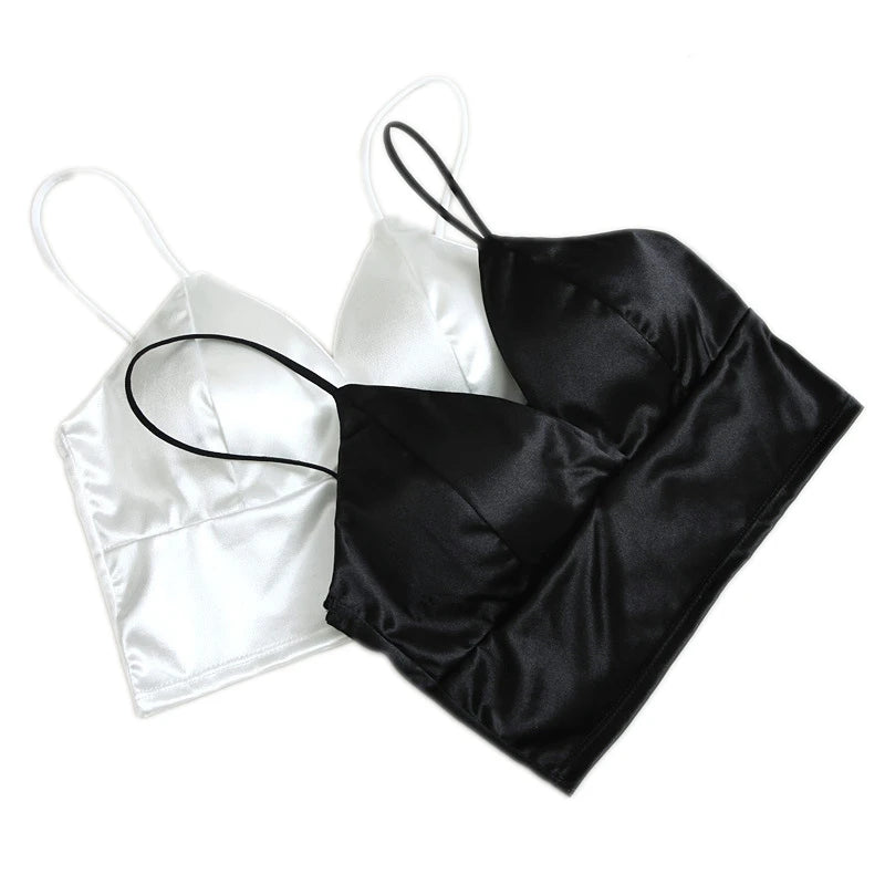 Haut court en satin sexy pour femme, bralette sans fil, bretelles spaghetti, t-shirt court avec poitrine, caraco rembourré
