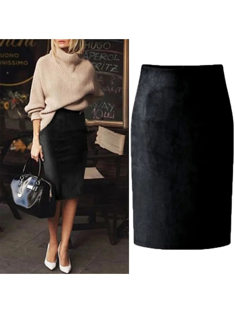 Jupe crayon mi-longue en daim multicolore pour femmes, Sexy, mode, élastique, taille haute, bureau, moulante, Saias, 2024