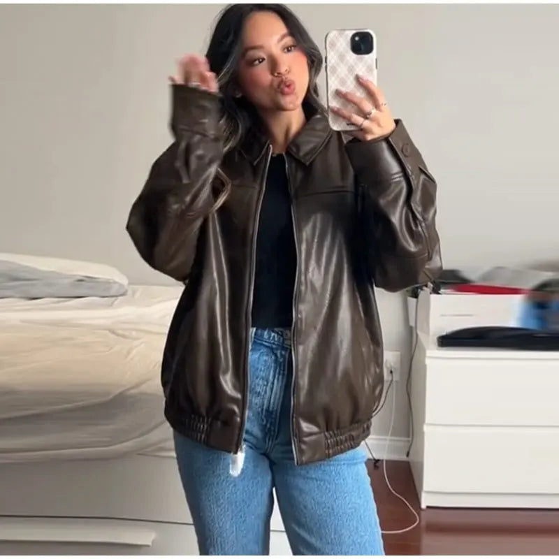 PU Leather Jacket For Women Zipper Turn-down Collar Loose Fashion Coat Luxury Brown 2025 Spring Street Motorcycle Overcoat Top