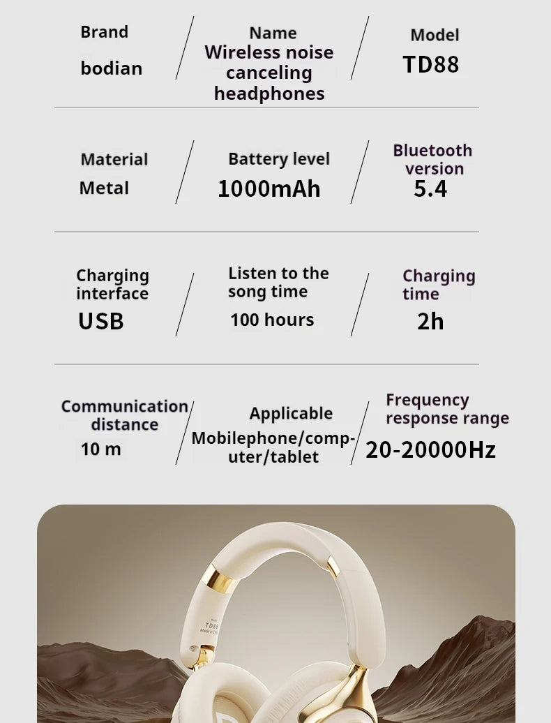 ANC Noise Reduction 100H Play Time Bluetooth Headphones 360° Surround Sound Wireless Headsets Sports Gamer Earphones With HD Mic