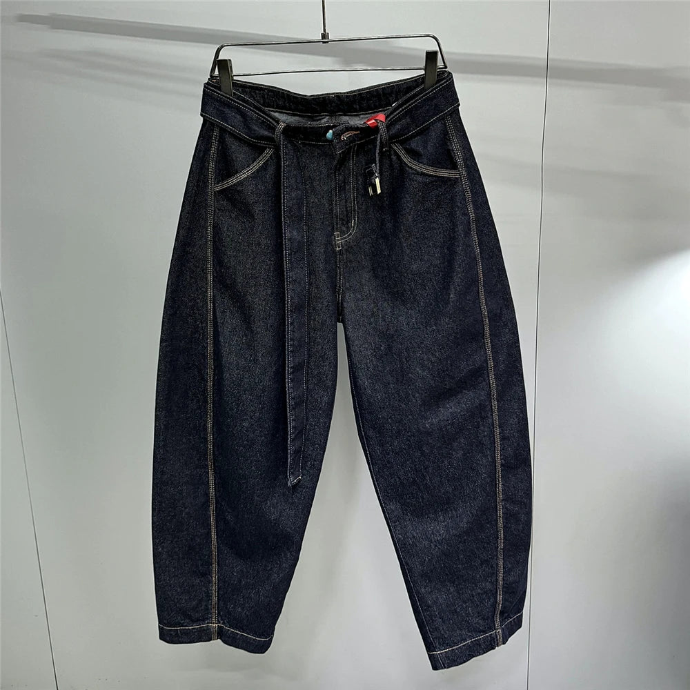 Mens American High Street Baggy Jeans Navy Blue Premium Denim Wide Leg Straight Loose Fit Korean Streetwear Trendy Pants Male