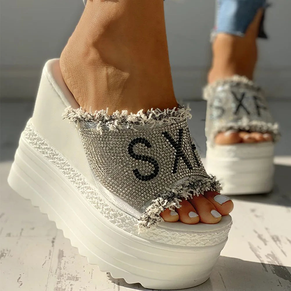 Newest Ladies Shoes Crystals Wedges Woemn's High Heels Leisure Summer Sandals Female Thick Sole Diamond Platform Mules Slippers