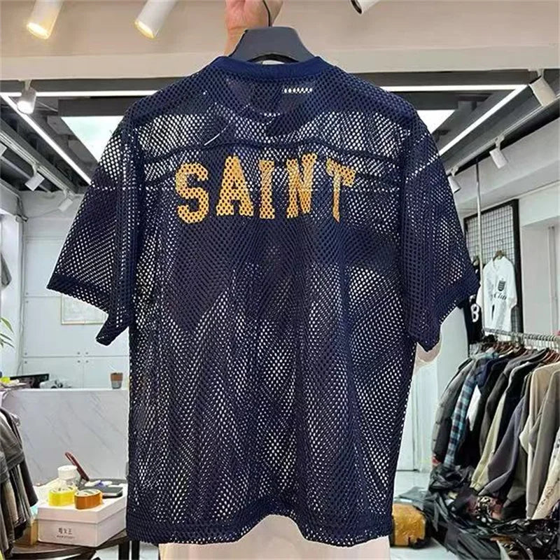 Loose Casual Men Women Mesh Breathable T Shirt Street Clothing Saint Digital Printed Short Sleeve Black Almond Blue T-Shirt