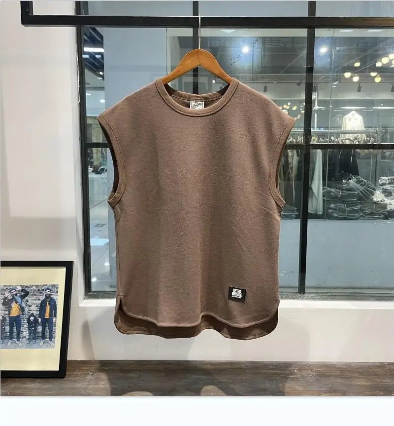 Trendy summer new waffle loose sports vest fitness sleeveless casual men's training solid color crew neck top