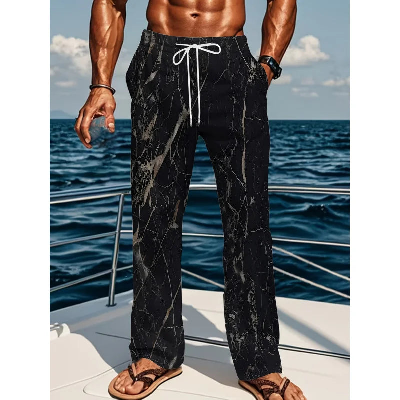 Men'S Summer Fashion Casual Pants Lightweight Comfortable Solid Color With Stylish Print Drawstring For Sports And Casual Wear