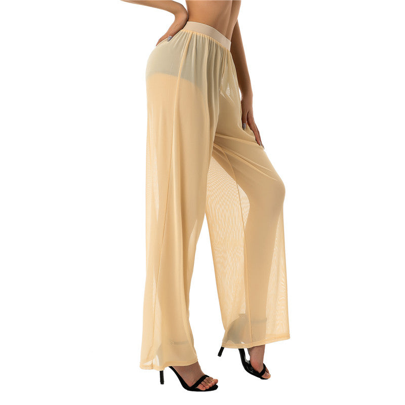 Women See Throug Mesh Cover up Pants Swimsuit Bikini Bottom Cover up Elastic Waist Loose Wide Leg Long Palazzo Pants Trousers