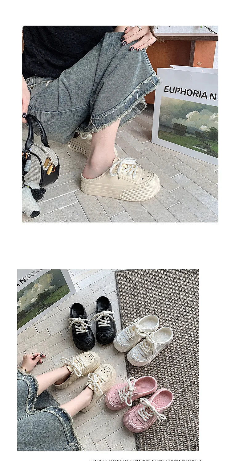Women Fashion Clogs Lace-up Platform Slippers Summer Shoes Soft EVA Anti-slip Female Beach Street Slides Thick Sole Sandals