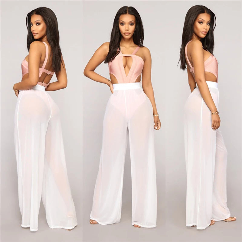 New Women Sexy Transparent Pants High Waist See Through Mesh Sheer Summer Beach Long Pants Bandage Solid Trousers 4 Colors S-XXL
