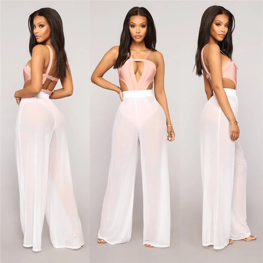 New Women Sexy Transparent Pants High Waist See Through Mesh Sheer Summer Beach Long Pants Bandage Solid Trousers 4 Colors S-XXL