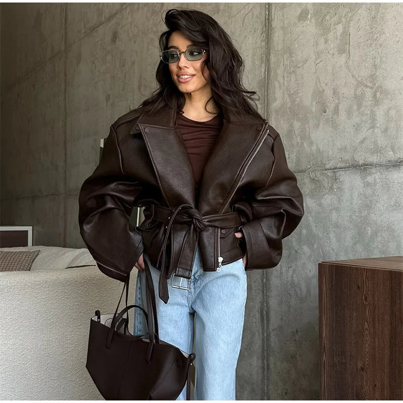 PU Leather Jacket For Women Zipper Turn-down Collar Loose Fashion Coat Luxury Brown 2025 Spring Street Motorcycle Overcoat Top