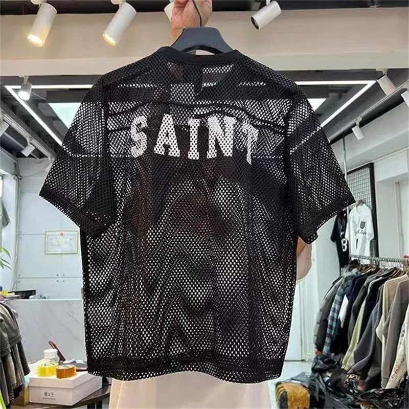 Loose Casual Men Women Mesh Breathable T Shirt Street Clothing Saint Digital Printed Short Sleeve Black Almond Blue T-Shirt