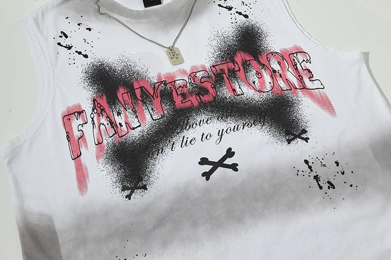 2025 Summer Washed Tank Tops V Cut Baggy Hip Hop Splash-ink Ripped Tshirts Sleeveless Tops Necklace Mens Oversize Vests Y2k