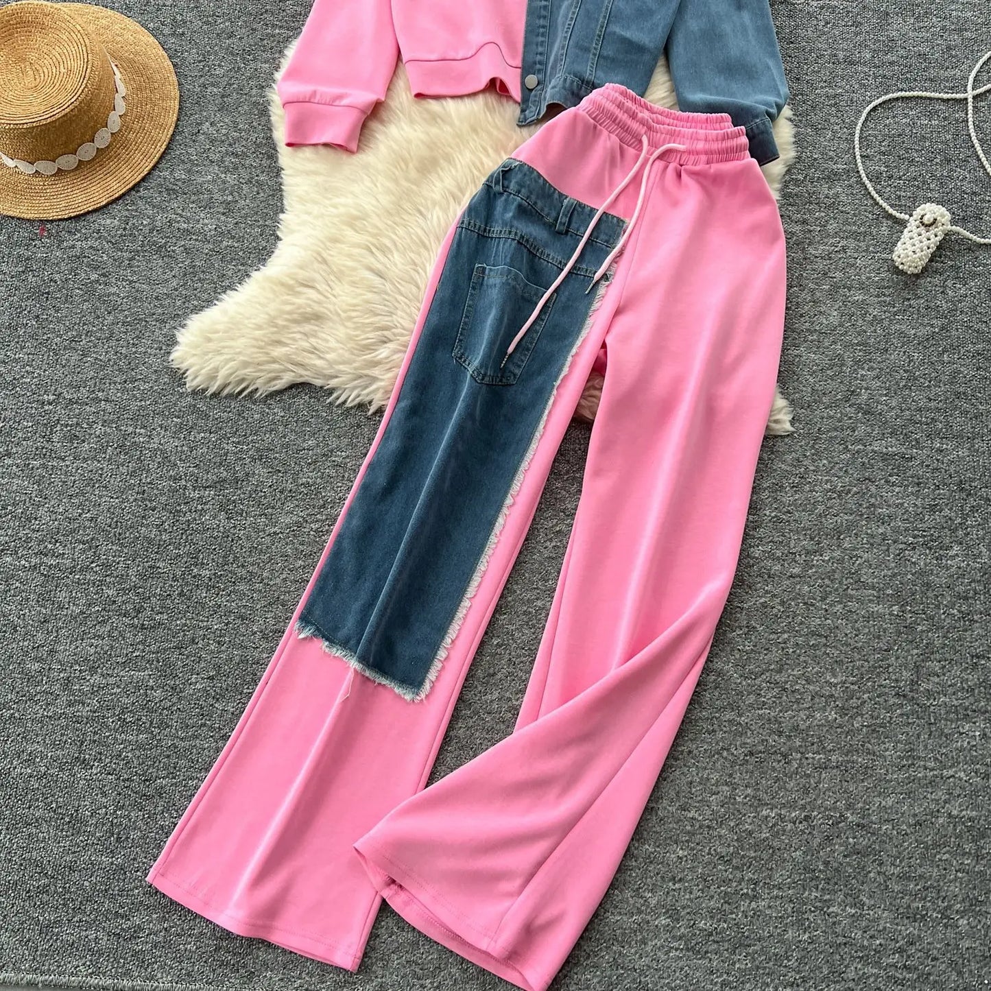 Pant Set Women Two Piece Sets Hooded Matching Sets Casual Loose Tops Wide Leg Long Pants Elastic Waist Lace Up Splice Denim 2025