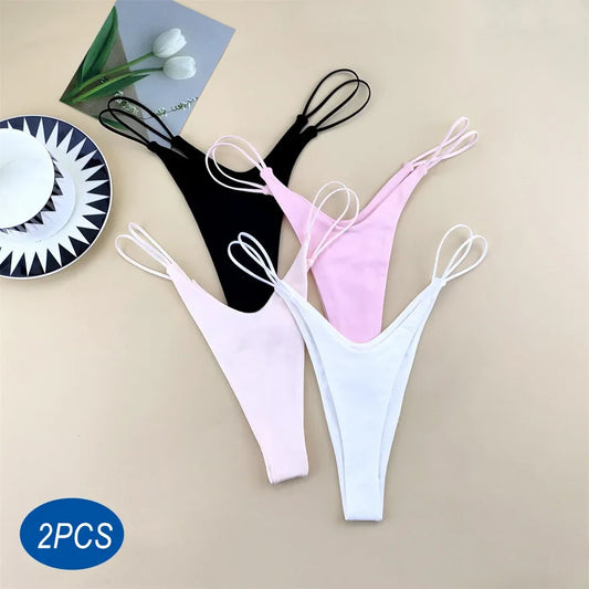 2PCS/Set Strappy Plus Size Two Layers Cotton G Strings Panties for Women Low Rise Solid Color Pink Thong Tanga Underwear
