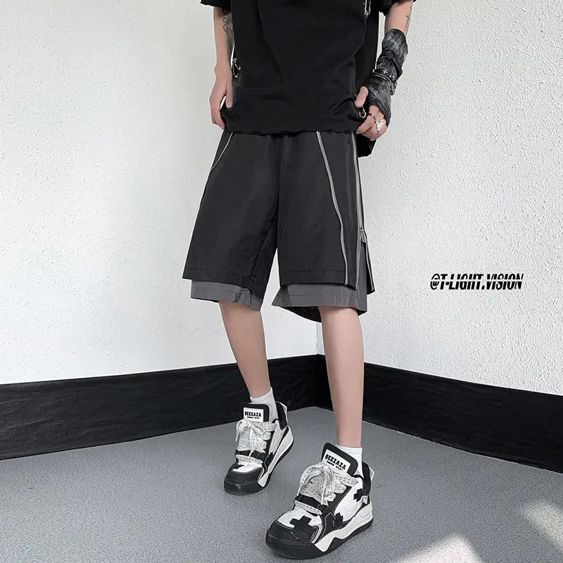 American Functional Shorts Men's Summer Design Fake Two-piece Zippered Trousers Loose Casual Pants