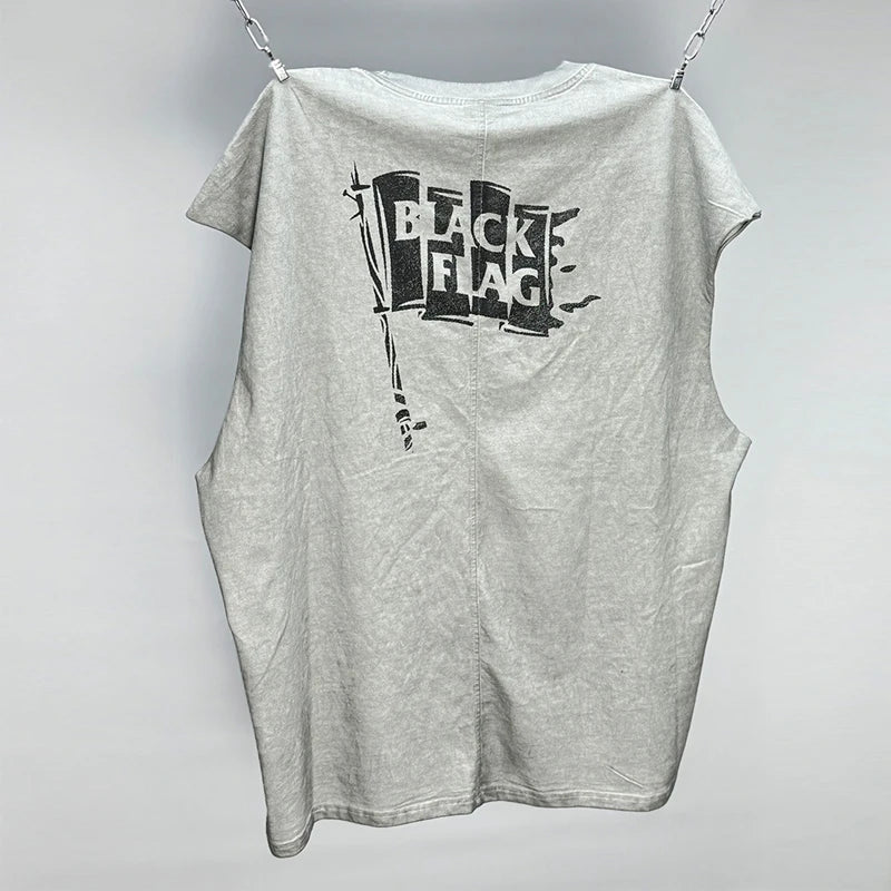 Hip Hop Vintage Washed Black Damaged Hole Tank Men Women Top Quality Cotton Oversized Saint Vest Stitching Sleeveless T Shirt