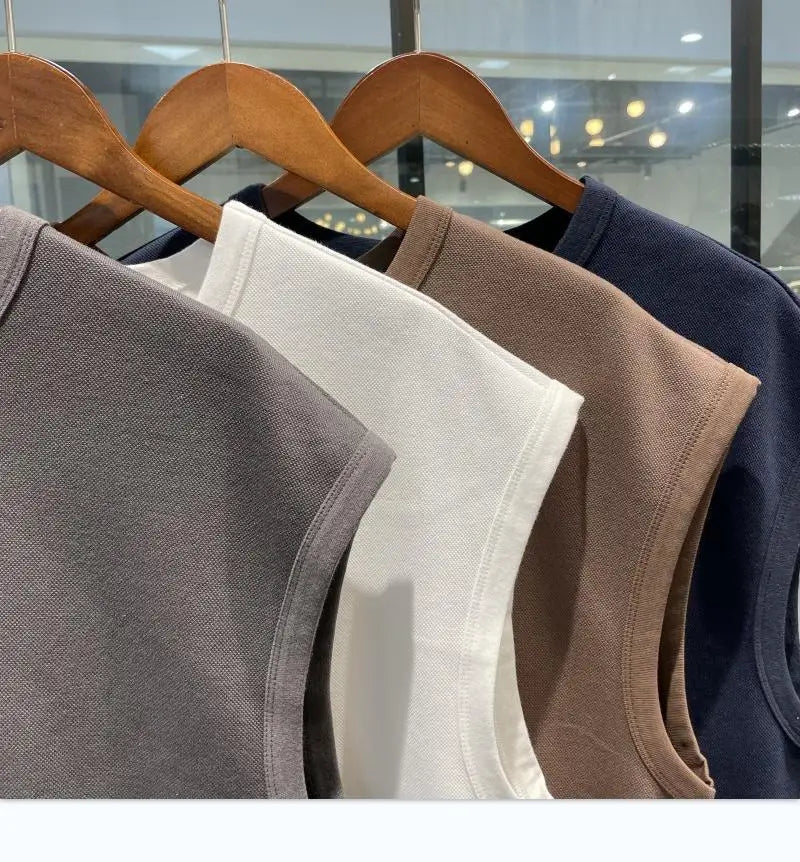 Trendy summer new waffle loose sports vest fitness sleeveless casual men's training solid color crew neck top