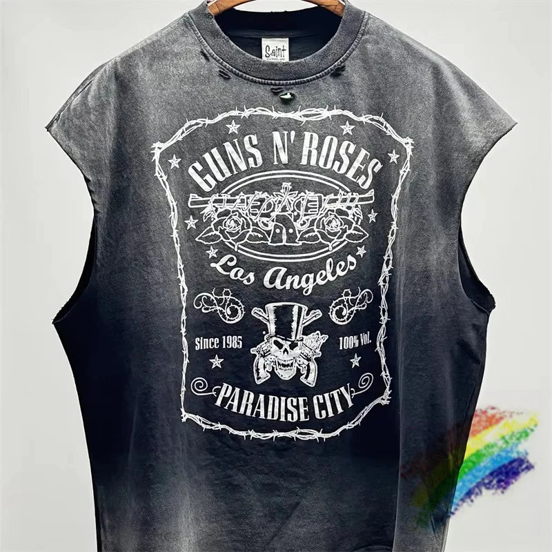 Vintage SAINT Guns N Roses Washed T-Shirts High Quality Dirty Soil Spray Hand Worn Tank Top T Shirt Tee Tops