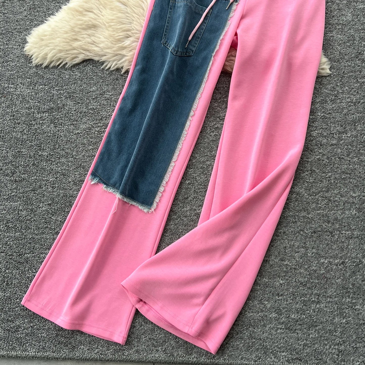 Pant Set Women Two Piece Sets Hooded Matching Sets Casual Loose Tops Wide Leg Long Pants Elastic Waist Lace Up Splice Denim 2025