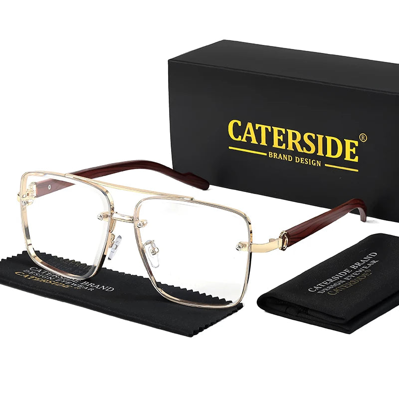CATERSIDE Retro Wooden Temple Sunglasses Men Square Flat Top Double Bridges Sun Glasses Women Travel Fashion Eyeglass UV400