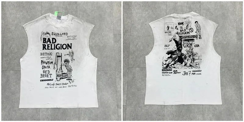 Vintage Washed Saint Sleeveless Tank T-shirts Oversize Men Woman Good Quality Black White Grey Hole Old Summer Streetwear