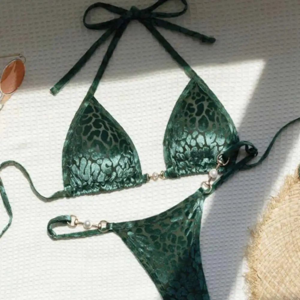 2Pcs/Set Women Bikini Set Leopard Print Halter Bra Faux Pearls Briefs Set Quick Drying Two-piece Lady Swimsuit Beachwear