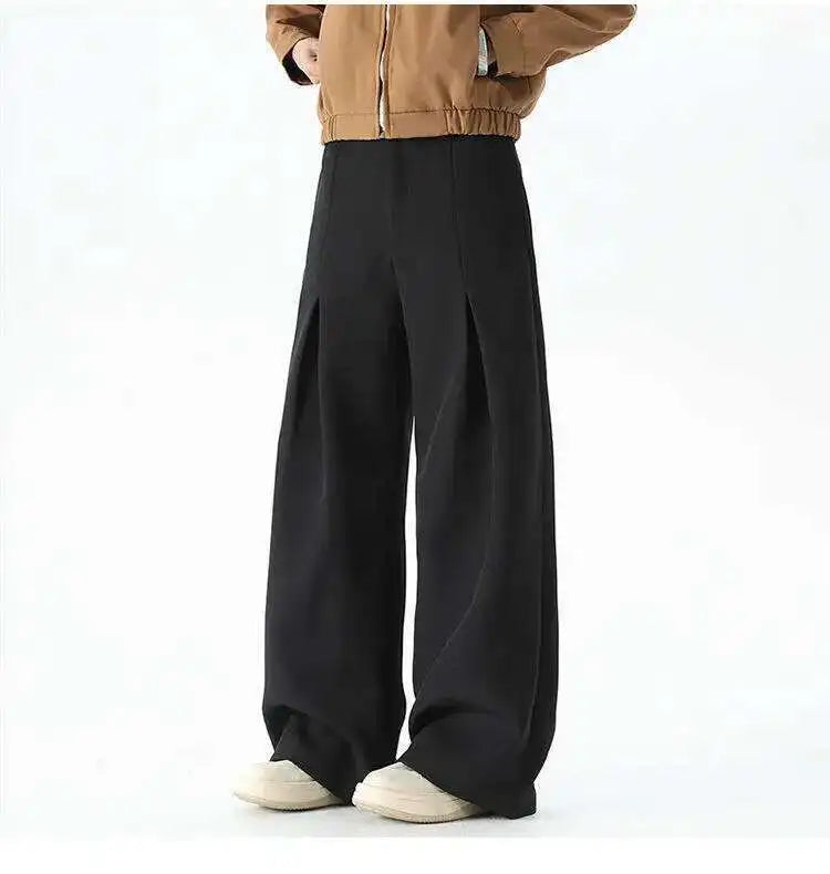 IEFB Pleated Design Men's Suit Pants Casual Solid Color American Style Bottom Drape Straight Wide Leg Male Trousers Simple 9W717