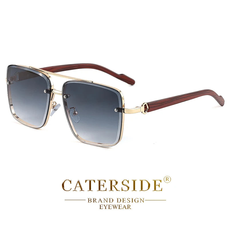 CATERSIDE Retro Wooden Temple Sunglasses Men Square Flat Top Double Bridges Sun Glasses Women Travel Fashion Eyeglass UV400