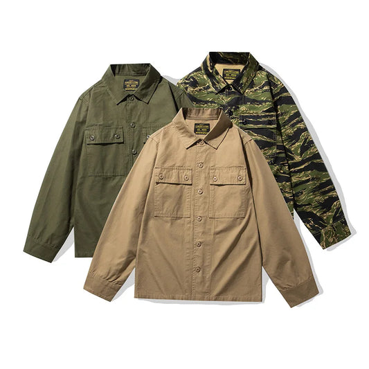 2025 Spring Men's Tiger Stripe Camo Camouflage Cargo Shirt Fashion Work Engineer Long Sleeved Shirt Jacket With Double Pockets