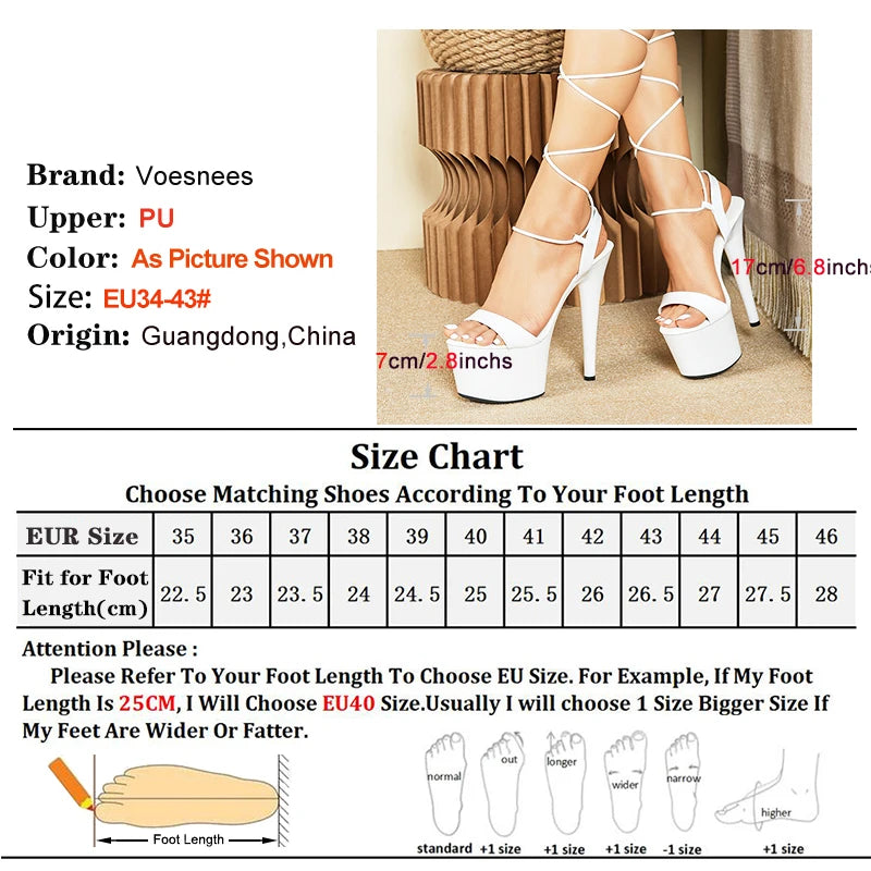 17CM Stiletto White Sandals For Women Thick Platform Sexy Lace-up Model T Show High Heels 2025 Summer Fashion Pole Dance Shoes
