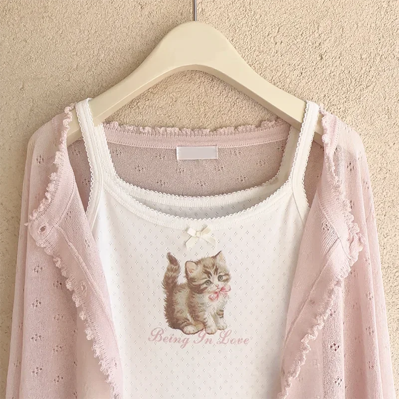 Cute Tops Women Summer Cotton Camis Pink Bow Print Knitted Crop Top for Sweet Girl Lolita Style Kawaii Clothes