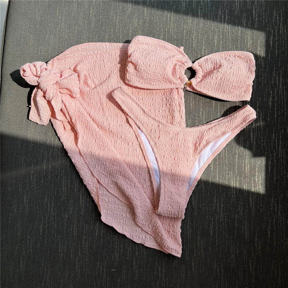 Light Blue Bandeau 3 Piece Bikini Set with Cover Up Texture Swimwear Sexy Swimsuit Women High Cut Bathing Suit Beachwear Bikinis