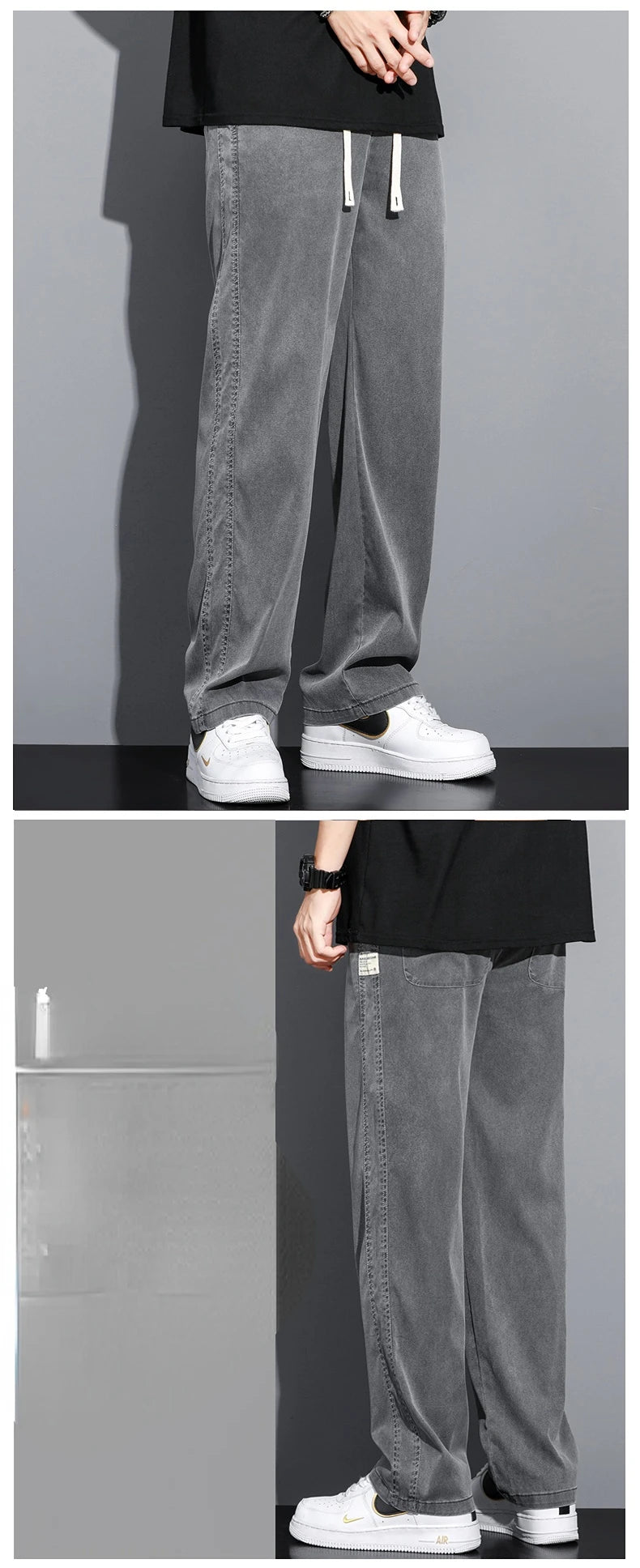 Summer Soft Lyocell Fabric Men's Jeans Thin Loose Straight Pants Drawstring Elastic Waist Korea Casual Trousers Plus Size