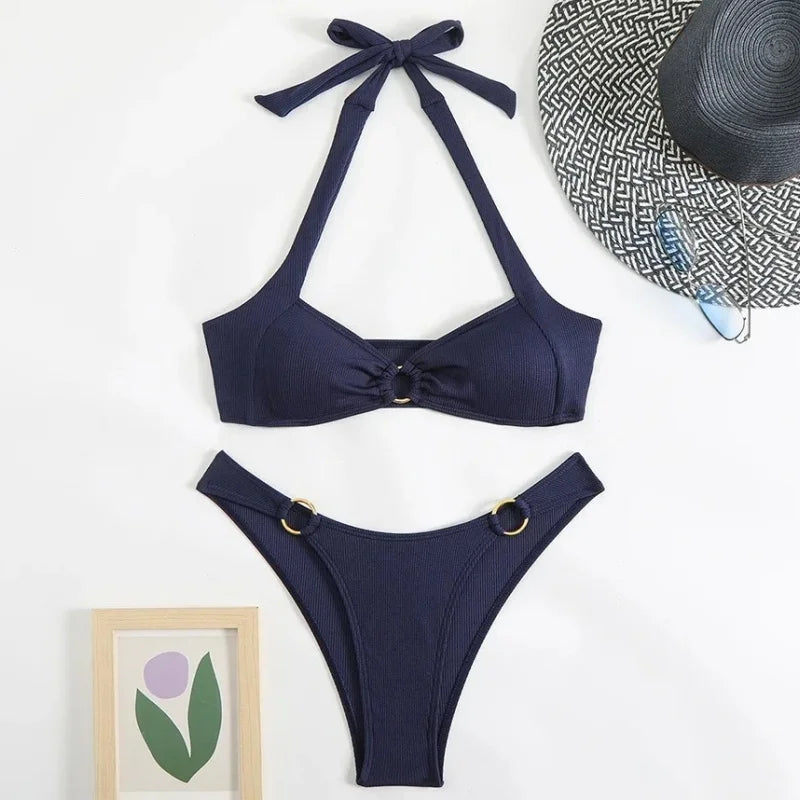 Sexy Women's Swimsuit Bikini Set Solid Halter Split Micro Bikini Two-piece Swimwear 2025 New Summer Swimming Beach Bathing Suits