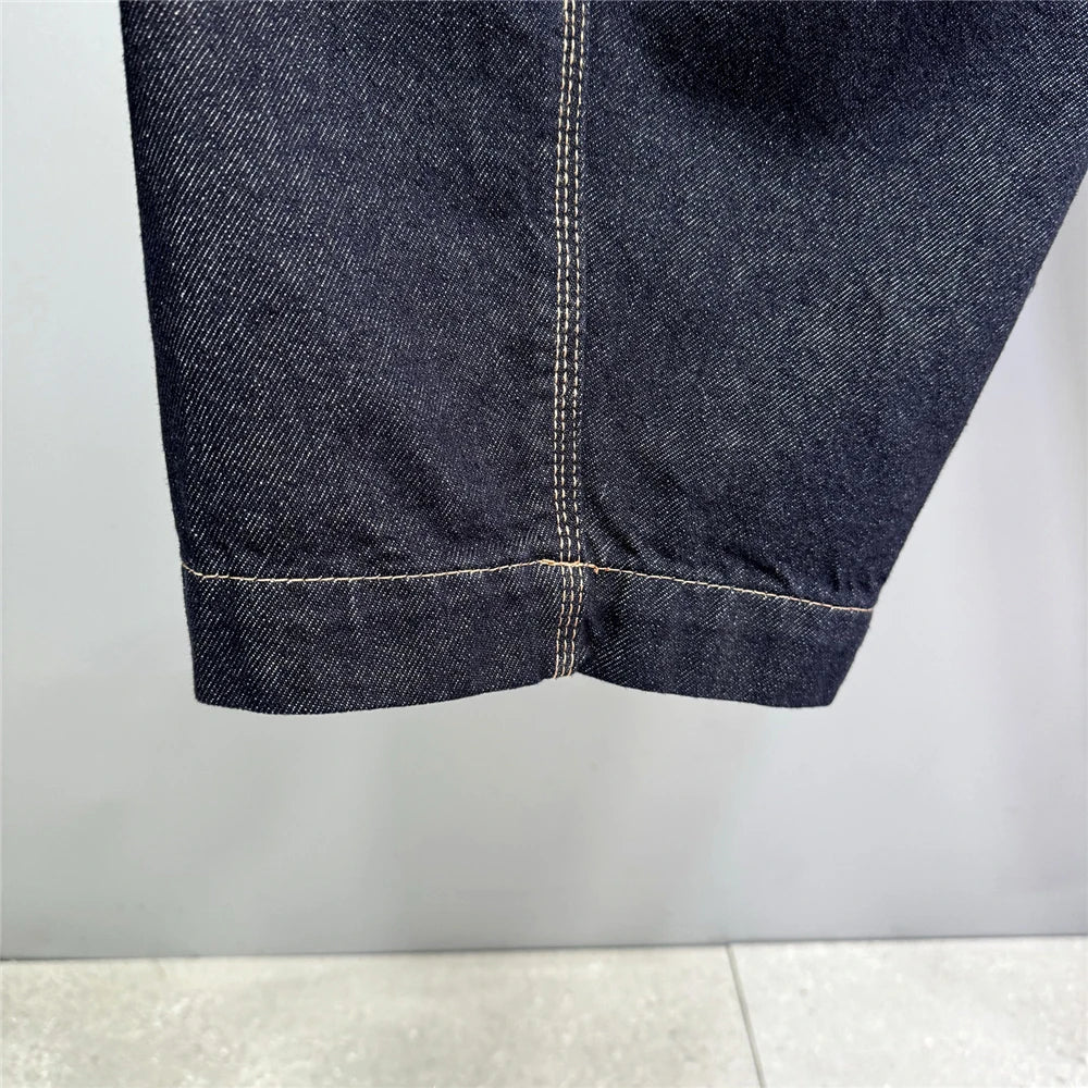 Mens American High Street Baggy Jeans Navy Blue Premium Denim Wide Leg Straight Loose Fit Korean Streetwear Trendy Pants Male