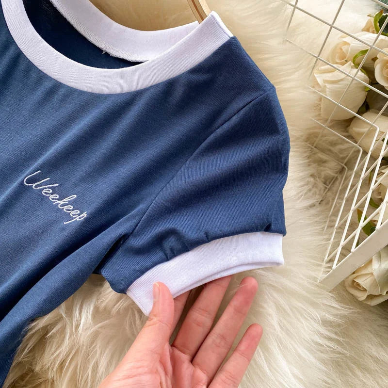 Foamlina Short Sleeve Knitted Skinny Bodysuit Women Summer Fashion Color Block Letters Embroidery O-neck Slim Body Top Jumpsuit