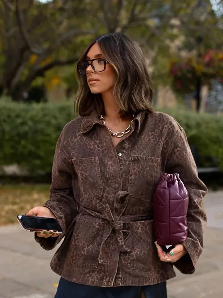 Leopard Printed Denim Single Breasted Belt Women's Coat Fashion Lapel Long Sleeve Short Jacket Fall New Lady Highstreet Outwear