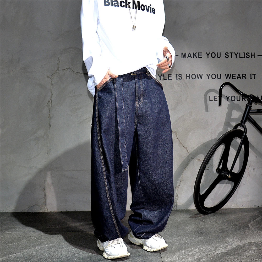 Mens American High Street Baggy Jeans Navy Blue Premium Denim Wide Leg Straight Loose Fit Korean Streetwear Trendy Pants Male