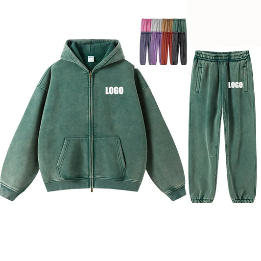 Custom LOGO2024 autumn winter new washed batik old sweater sweatpants 360G cotton polyester velvet thickened men's  women's suit