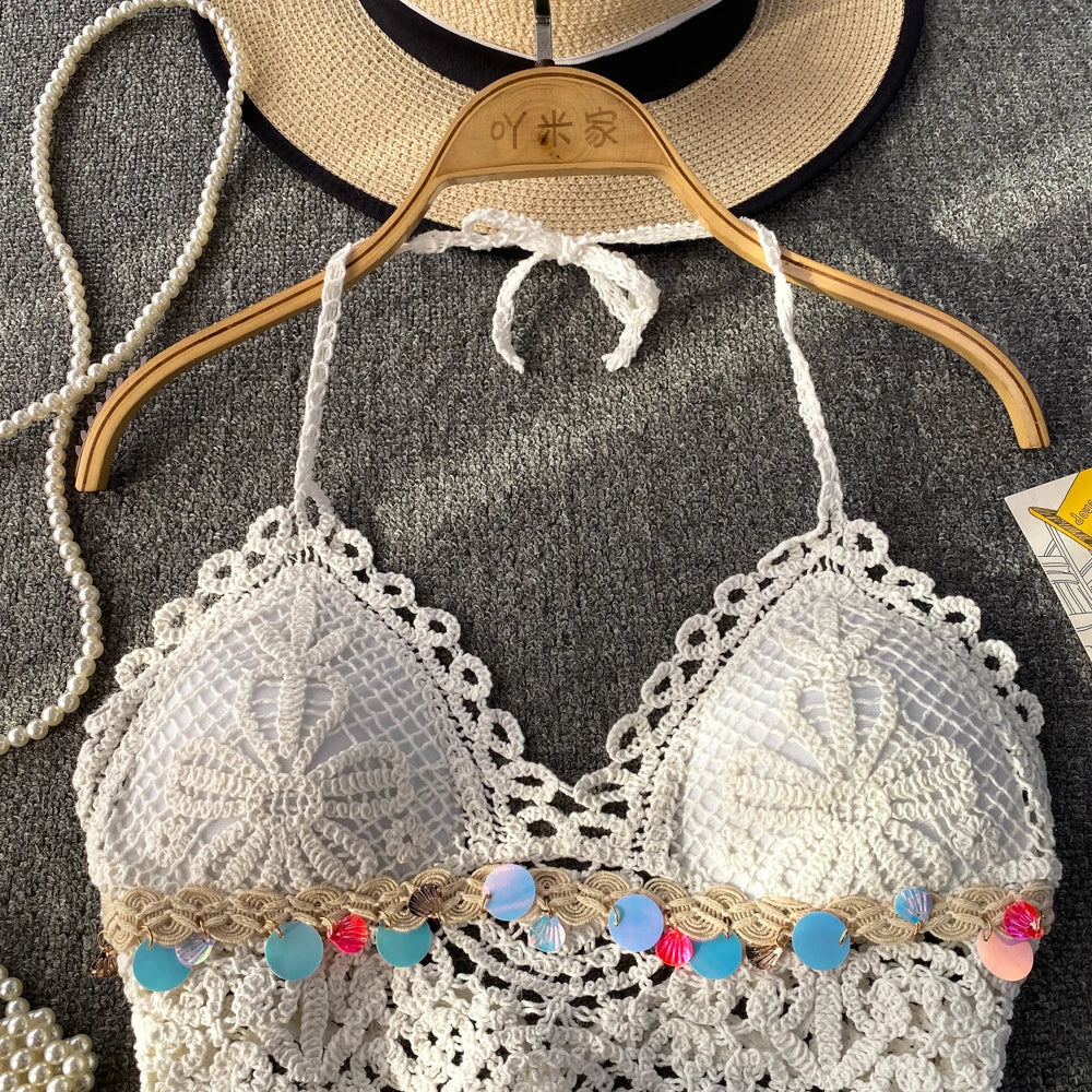 Spicy Girl Sexy Knitted Camisoles for Women Beach Halter Tanks with Built In Bra Backless Casual Corset Crop Tops Y2k Dropship