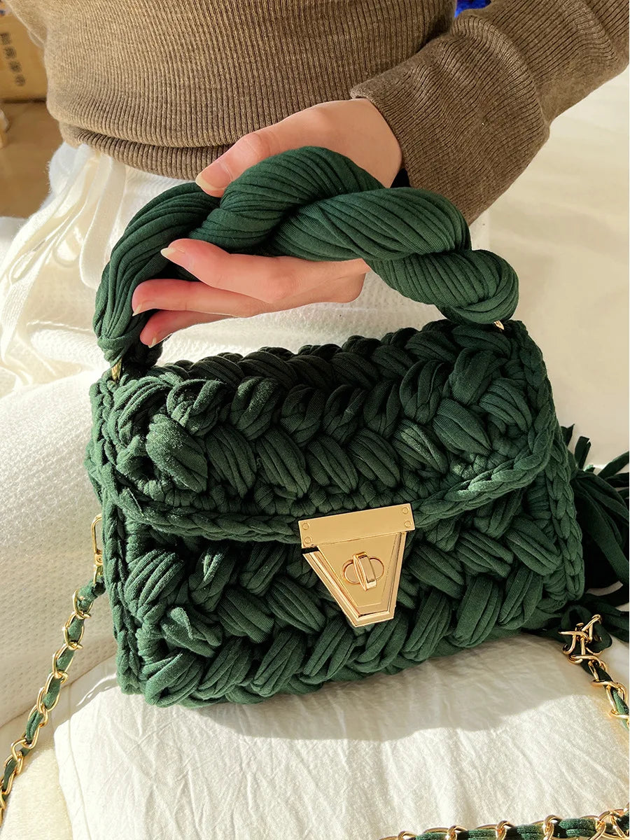 New Handmade Woven Women's Crossbody Bags Thread Hook Knitted Shoulder Bag Colorful Strip Chains Bags for Women Small Purses