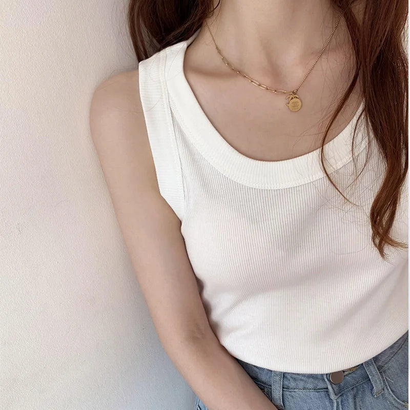 Summer Knitted Solid Color Tanks Top White Skinny Camisole Women Basic Camisole T-Shirt
