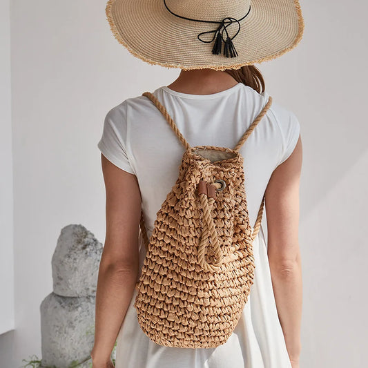 Summer Straw Backpack for Women Handmade Drawstring Beach Shoulder Bags Raffia Rattan Woven Travel Handbags bali lady backpacks