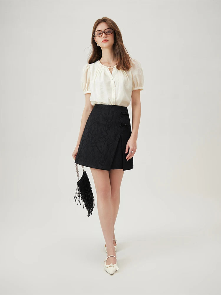 FSLE Beige Mini Skirts New Chinese Style Asymmetric Jacquard Short Skirt Summer Women Black A-LINE Skirts 24FS12897