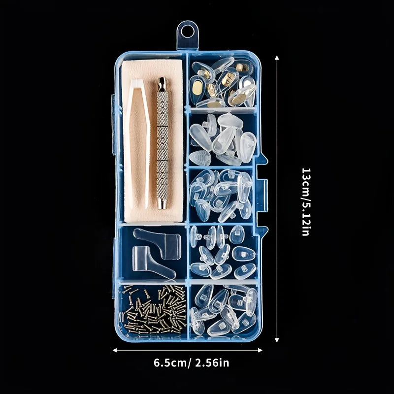 1Set Eyeglass Repair Kit Includes Nose Pads Ear Hooks Cloth Tweezers Screwdriver Screws Disassembly Tool Set for DIY Maintenance