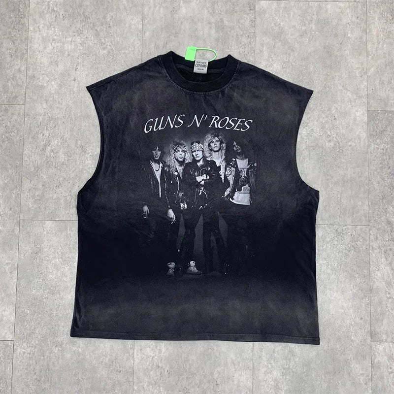Vintage Washed Saint Sleeveless Tank T-shirts Oversize Men Woman Good Quality Black White Grey Hole Old Summer Streetwear