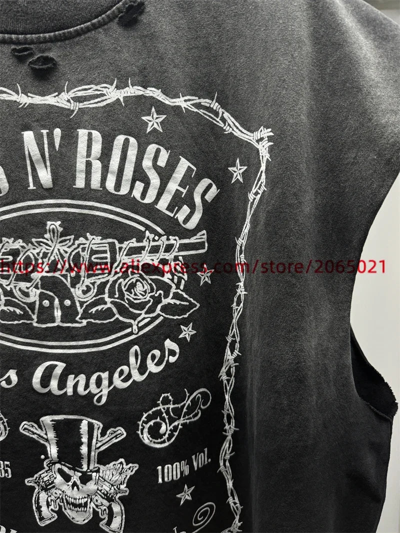 Vintage SAINT Guns N Roses Washed T-Shirts High Quality Dirty Soil Spray Hand Worn Tank Top T Shirt Tee Tops