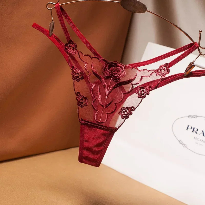 New Women Sexy Embroidered Ladies Thong Transparent Mesh Florid Strap Temptation Low Waist Panties Female Hot T Pants Large Size