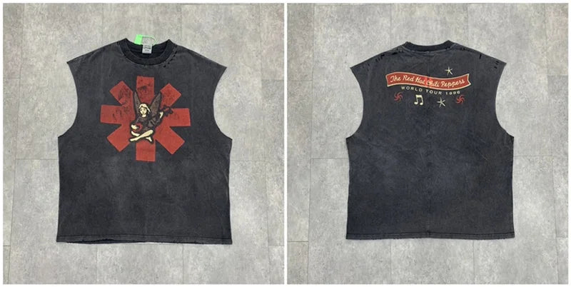 Vintage Washed Saint Sleeveless Tank T-shirts Oversize Men Woman Good Quality Black White Grey Hole Old Summer Streetwear